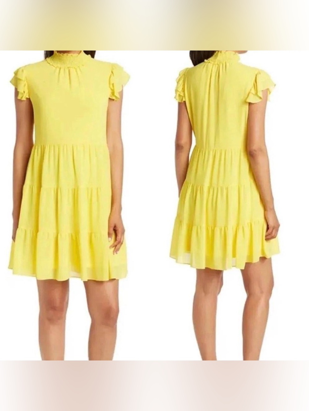 NWT Eliza J Yellow Flutter Sleeve Mock Neck Tiered Mini Dress Size 6, $128